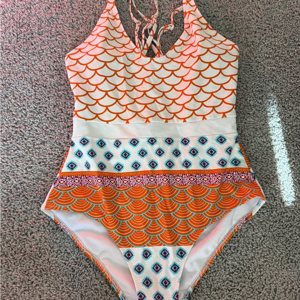 Stylish Women's One-Piece Swimsuit - Orange and Blue
